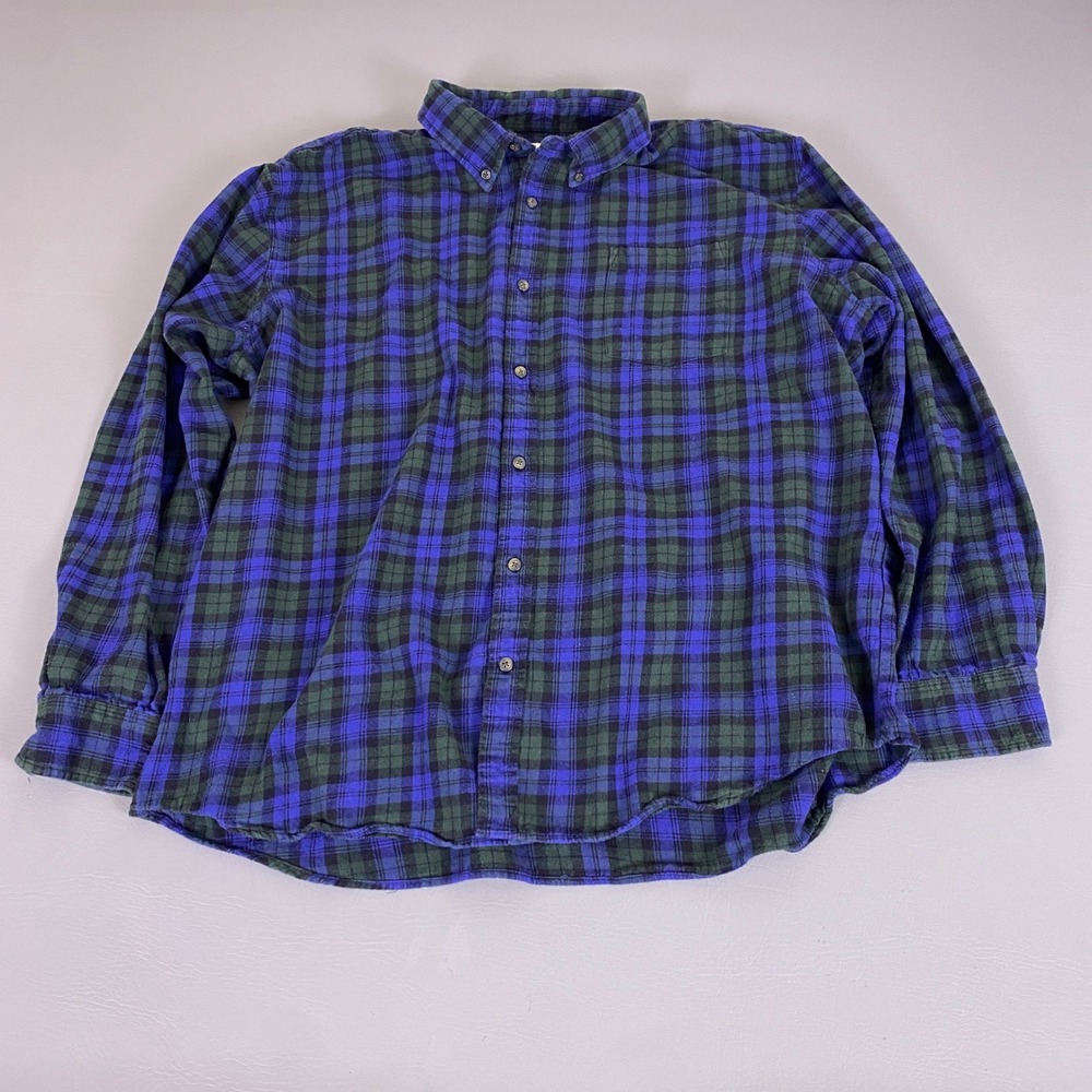 St. Johns‎ Bay Flannel Button Down Shirt Men's Size XXL Blue Green Plaid Cotton